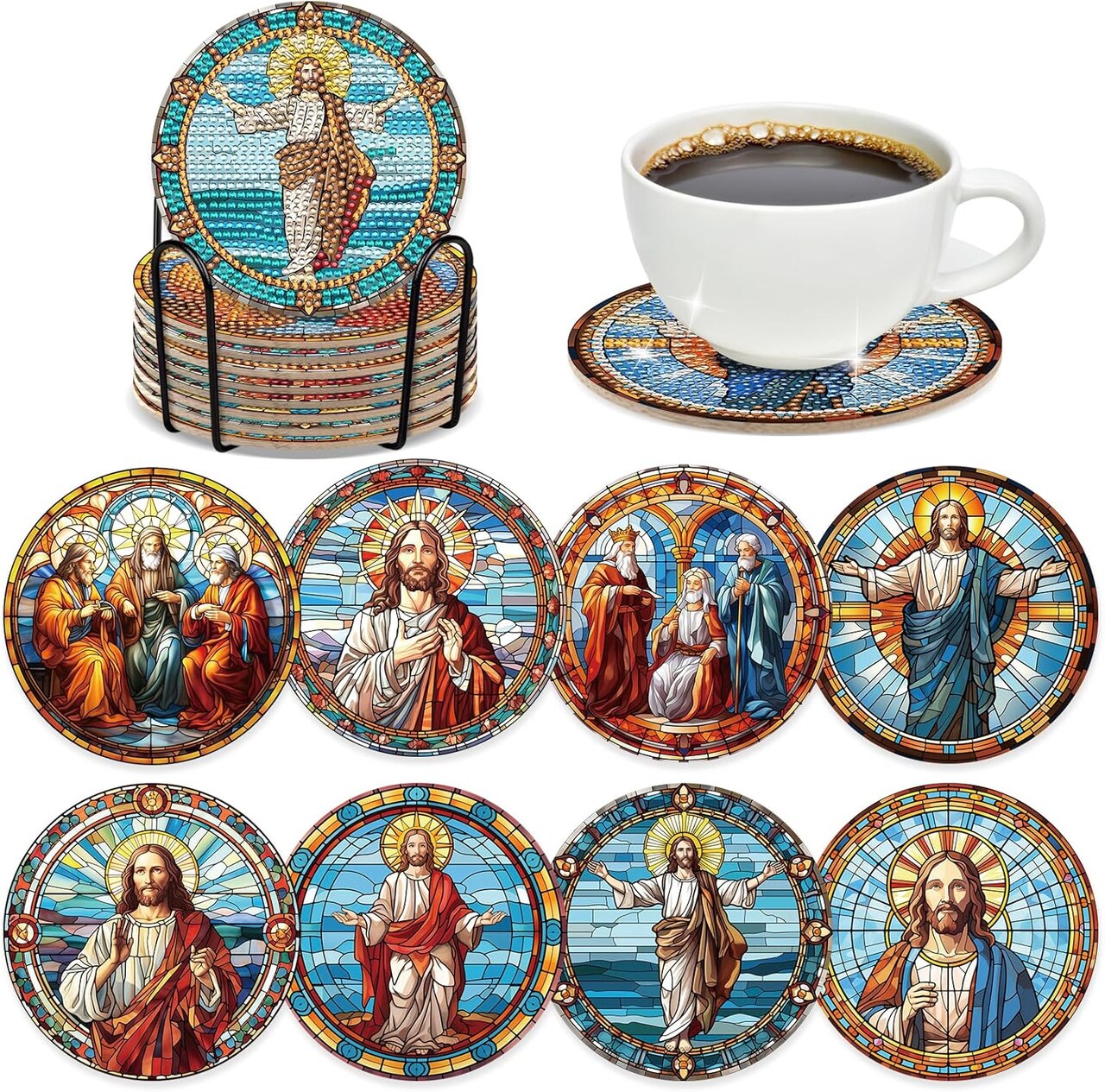 Jesus Diamond Art Coasters – 8-Piece DIY Christian Glass Diamond Painting Kits
